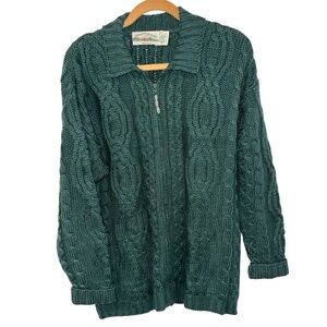 Aran Crafts Full Zip Green Sweater Womens Small 100% Merino Wool Cable Knit
